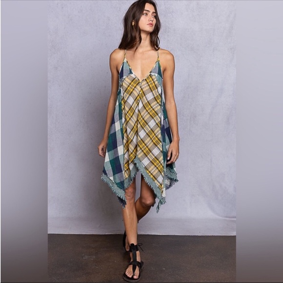 POL - Plaid Patchwork Sleeveless Tattered Hem Dress - Picture 5 of 5